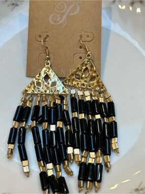 Plunder Gold & Black Beaded Fringe Earrings